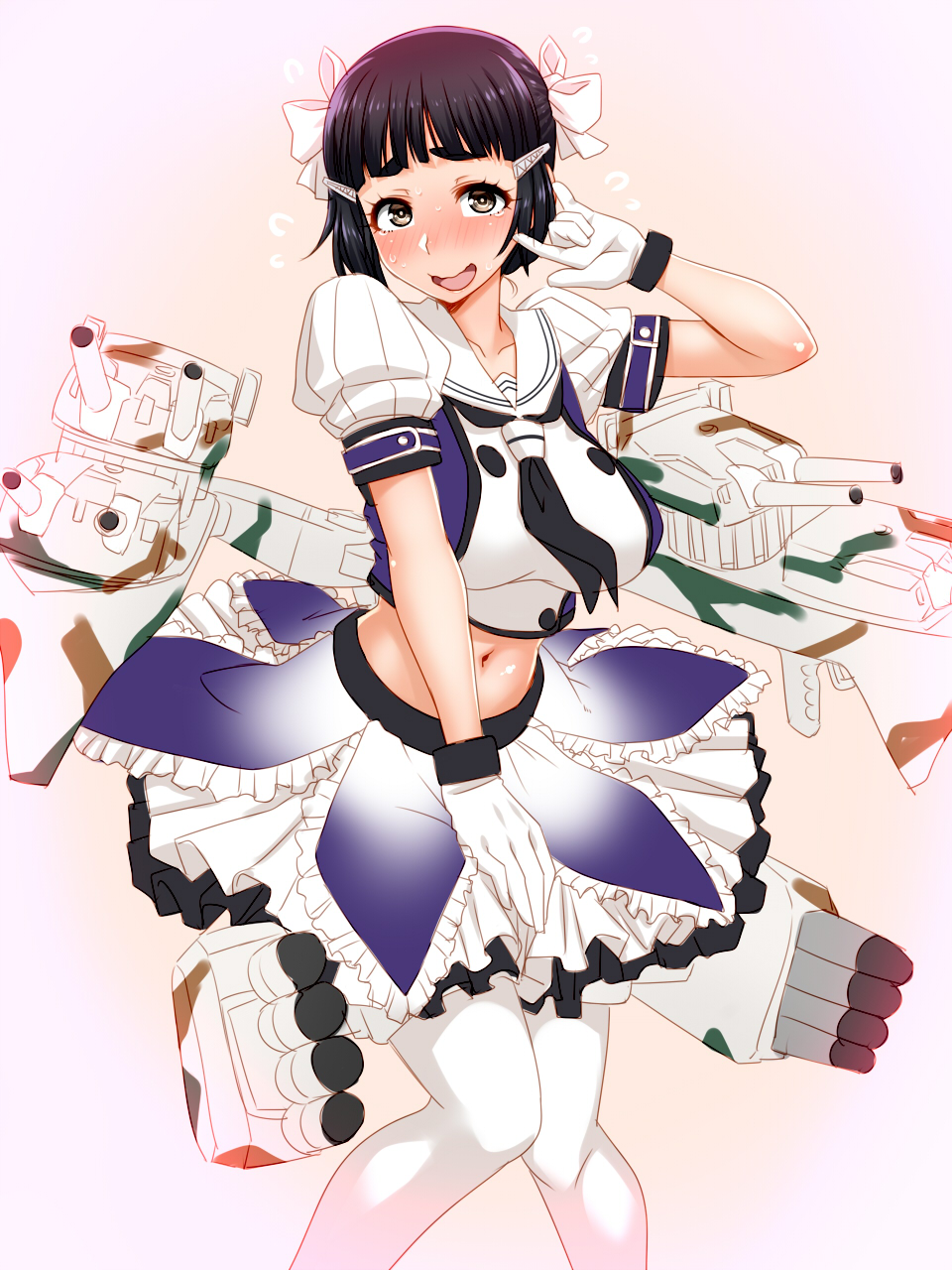 :d \m/ adapted_costume black_hair blush breasts brown_eyes cosplay gloves highres huge_breasts kantai_collection midriff myoukou_(kantai_collection) naka_(kantai_collection) naka_(kantai_collection)_(cosplay) navel open_mouth r44 short_hair smile solo turret white_gloves white_legwear