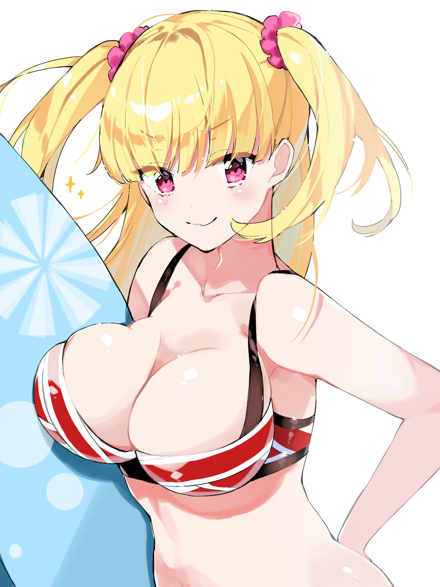bangs bikini blonde_hair blunt_bangs blush breasts cleavage collarbone hair_ornament hair_scrunchie highres large_breasts long_hair looking_at_viewer red_bikini red_eyes scrunchie sen_(natuo8805) simple_background smile solo sparkle surfboard swimsuit tokyo_7th_sisters two_side_up uesugi_u_kyouko white_background
