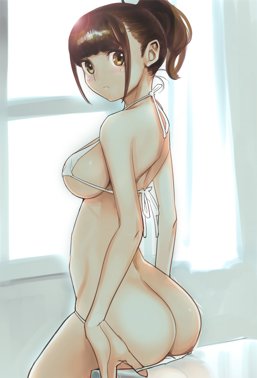 ass bangs bikini bikini_pull blunt_bangs blush breasts brown_eyes brown_hair dytm highres lens_flare long_hair looking_at_viewer looking_back medium_breasts micro_bikini ponytail sidelocks sitting solo swimsuit white_bikini