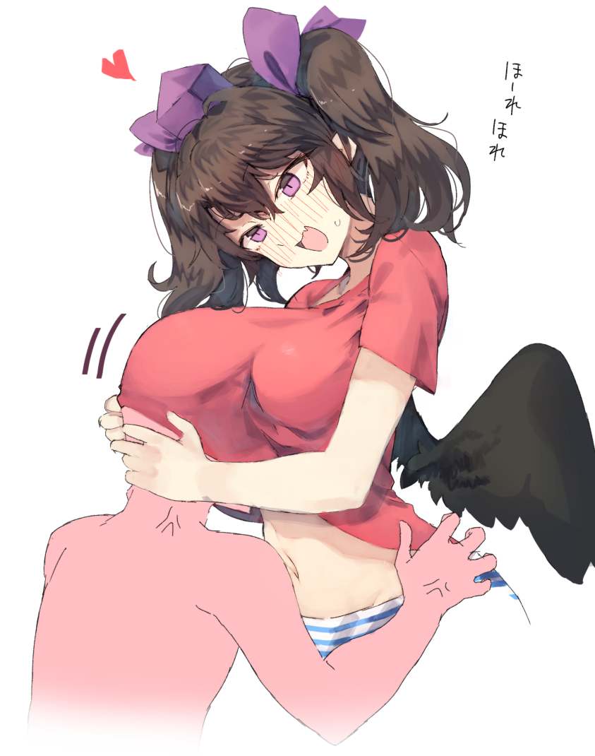 1girl :d bangs bird_wings black_wings blush breast_smother breasts brown_hair commentary_request groin hat heart himekaidou_hatate kasuka_(kusuki) large_breasts long_hair navel nose_blush open_mouth pointy_ears purple_eyes red_shirt shirt short_sleeves smile stomach t-shirt tokin_hat touhou twintails upper_body wings