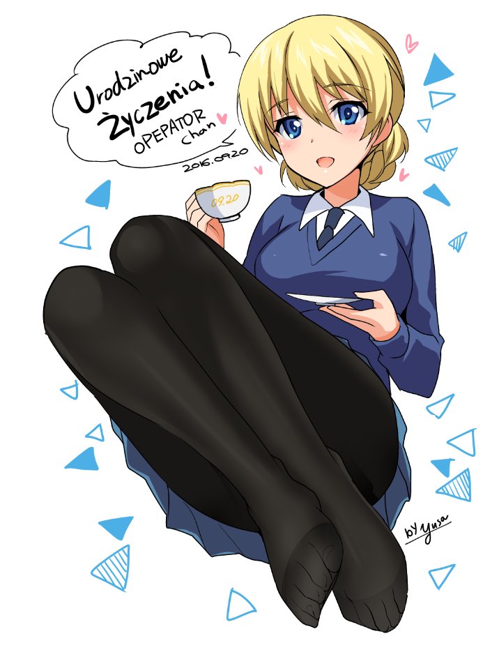 artist_name bangs black_legwear black_neckwear blonde_hair blue_eyes blue_skirt blue_sweater braid commentary_request cup cursive darjeeling dated dress_shirt emblem eyebrows_visible_through_hair feet full_body girls_und_panzer hair_between_eyes heart long_sleeves looking_at_viewer miniskirt necktie no_shoes open_mouth pantyhose pleated_skirt polish saikawa_yusa saucer school_uniform shirt short_hair signature sitting skirt smile solo st._gloriana's_school_uniform sweater teacup tied_hair translated twin_braids v-neck white_shirt