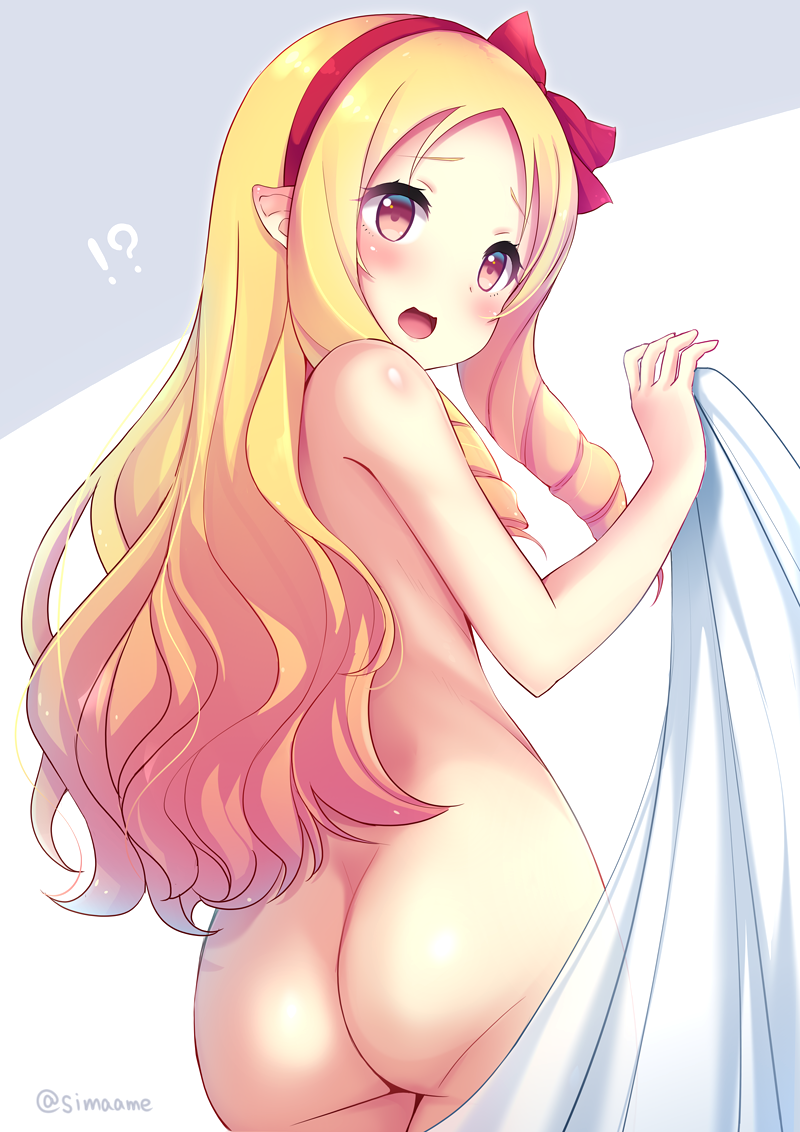 1girl ass blonde_hair drill_hair eromanga_sensei from_behind hair_ribbon hairband long_hair nude open_mouth pink_eyes pointy_ears red_hairband red_ribbon revision ribbon sei000 solo twin_drills twitter_username yamada_elf