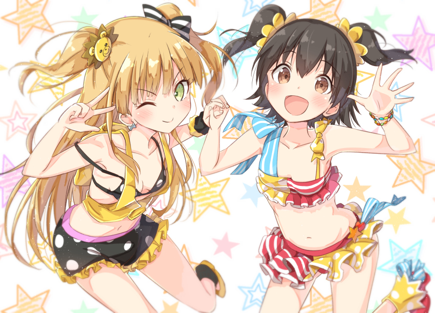 :d ;) akagi_miria banned_artist black_hair blonde_hair bow bracelet breasts brown_eyes earrings frilled_skirt frills green_eyes hair_bow hair_ornament holding_hands idolmaster idolmaster_cinderella_girls interlocked_fingers jewelry jougasaki_rika long_hair looking_at_viewer midriff mirai_(macharge) multiple_girls navel one_eye_closed open_mouth short_hair skirt small_breasts smile star starry_background striped striped_bow twintails two_side_up