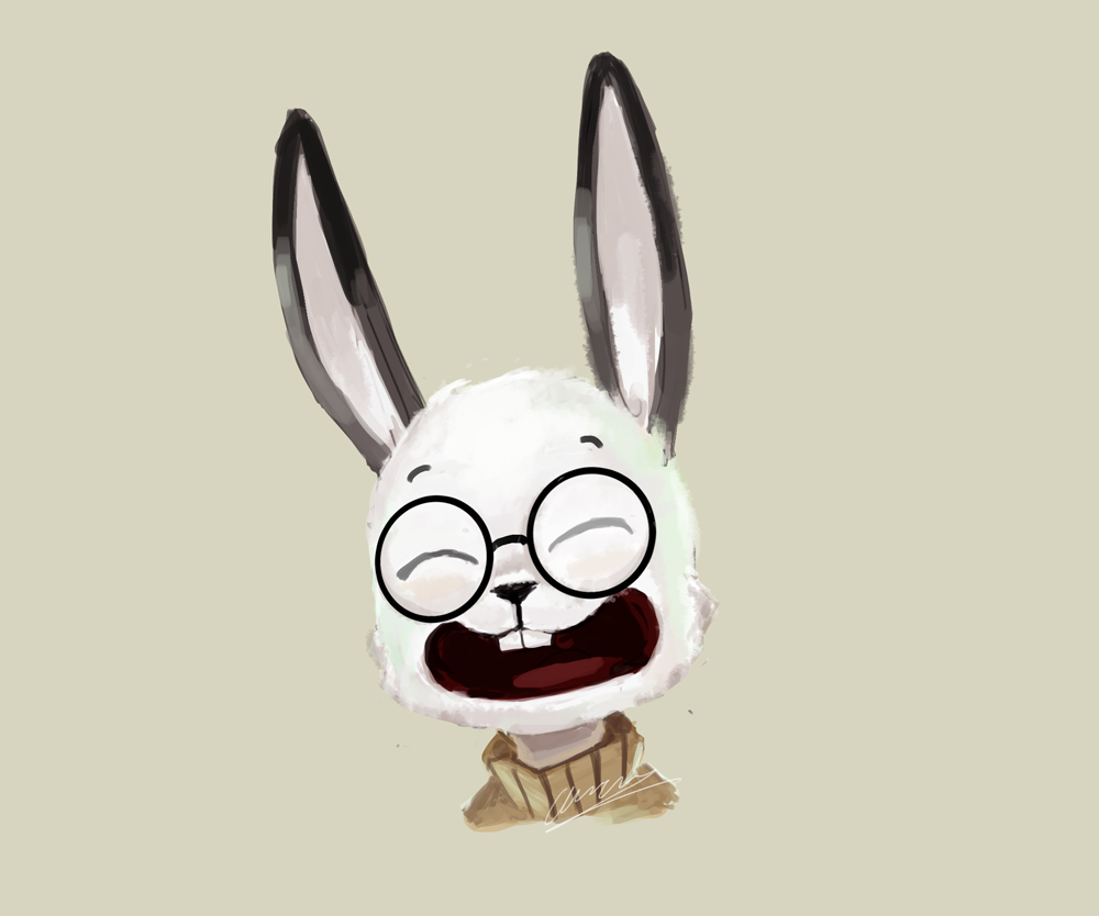 2017 ambiguous_gender anthro brown_background buckteeth clothed clothing eyes_closed eyewear glasses headshot_portrait lagomorph mammal open_mouth open_smile panzery25 portrait rabbit signature simple_background smile solo teeth uvula