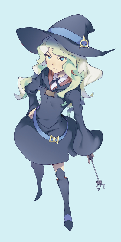 blue_background blue_eyes boots collagen collared_shirt diana_cavendish dress full_body hand_on_hip hat knee_boots little_witch_academia long_hair long_sleeves shirt simple_background solo wand white_hair wide_sleeves witch witch_hat