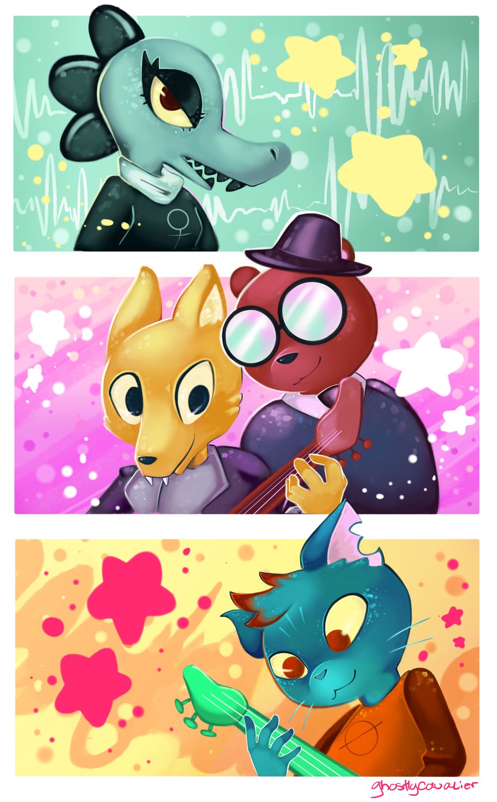 2017 angus_(nitw) anthro bea_(nitw) bear canine cat clothed clothing crocodilian duo eyewear feline female fox fur ghostlycavalier glasses gregg_(nitw) group hair jacket mae_(nitw) male mammal night_in_the_woods red_eyes reptile scalie smile