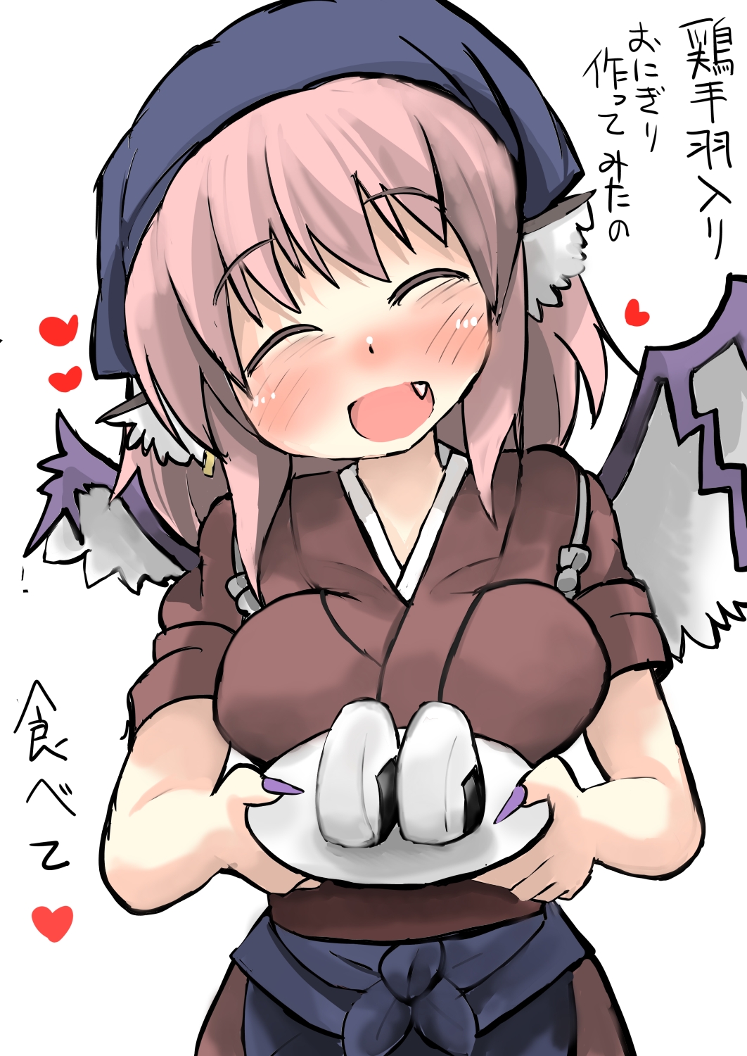 ^_^ animal_ears apron asymmetrical_wings bird_wings blush breasts closed_eyes commentary_request fang fingernails food gaoo_(frpjx283) head_scarf head_tilt heart highres japanese_clothes looking_at_viewer medium_breasts mystia_lorelei okamisty onigiri pink_hair sharp_fingernails short_hair smile solo touhou translation_request wings