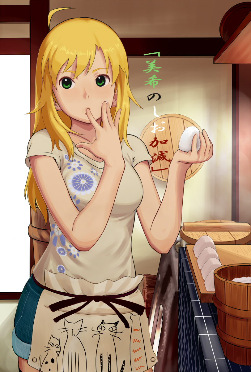 ahoge apron blonde_hair breasts bucket casual denim denim_shorts face finger_in_mouth finger_to_mouth food green_eyes highres hoshii_miki idolmaster idolmaster_(classic) idolmaster_2 kitchen long_hair medium_breasts ohitsu onigiri pettan_p rice shirt shorts solo t-shirt translation_request