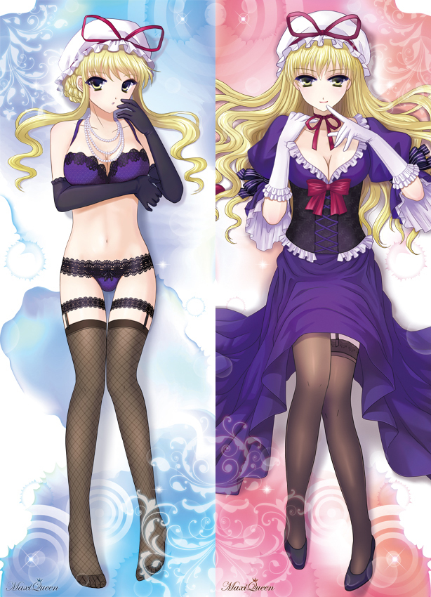 alha black_gloves blonde_hair bow bra breasts choker cleavage corset dakimakura dress elbow_gloves finger_to_mouth frilled_gloves frills gloves hat jewelry lace lace-trimmed_bra lace-trimmed_panties legs lingerie long_hair medium_breasts multiple_views necklace panties pearl_necklace print_legwear purple_dress thighhighs touhou underwear underwear_only white_gloves yakumo_yukari yellow_eyes