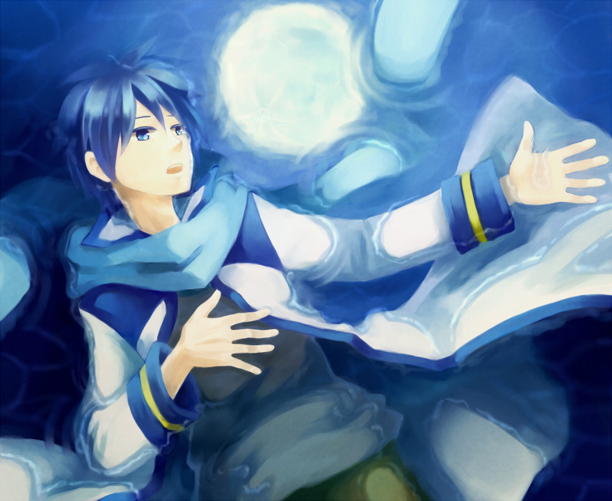 bad_id bad_pixiv_id blue blue_scarf kaito male_focus moon reflection sad scarf sekia_(akaino) solo vocaloid water