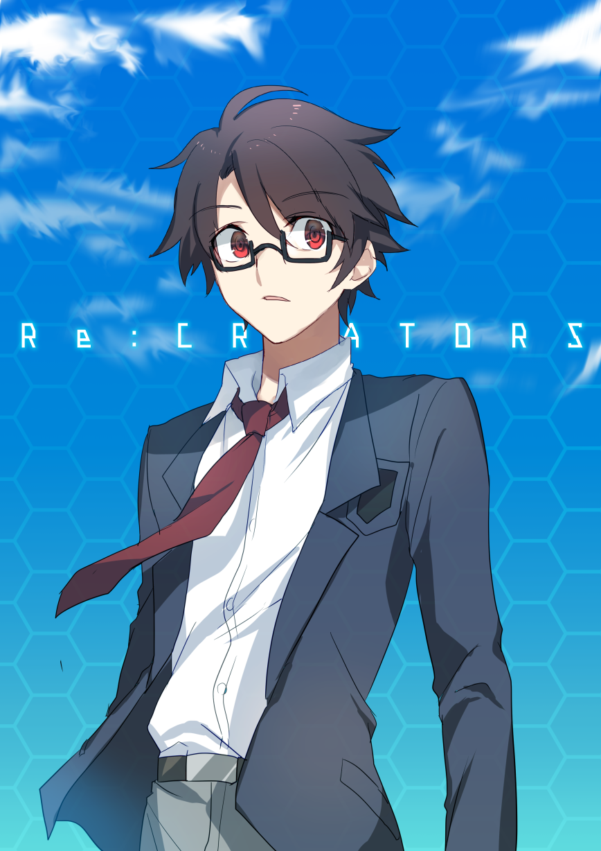 brown_hair cloud copyright_name glasses highres jacket male_focus mizushino_souta necktie nikame open_mouth re:creators red_eyes school_uniform short_hair