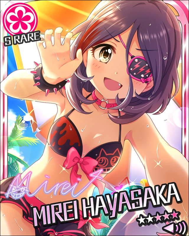 bikini blush card_(medium) character_name eyepatch green_eyes happy hayasaka_mirei idolmaster idolmaster_cinderella_girls purple_hair sohort_hair stars