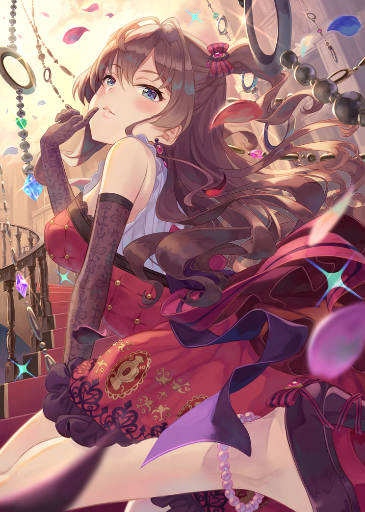 blue_eyes blurry bow brown_hair depth_of_field dress elbow_gloves finger_to_mouth gem gloves hair_bow ichinose_shiki idolmaster idolmaster_cinderella_girls idolmaster_cinderella_girls_starlight_stage long_hair petals red_dress solo terumii two_side_up wavy_hair