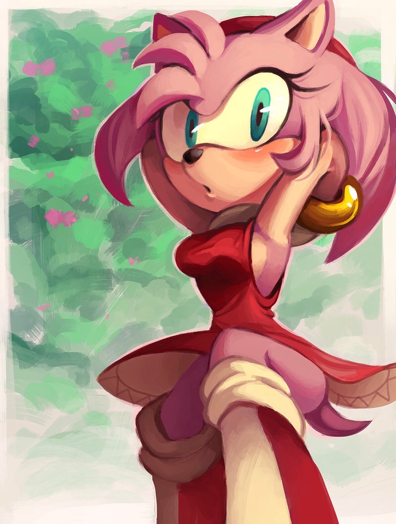 1girl amy_rose armpits arms_up blush bracelets green_eyes hairband looking_at_viewer shira-hedgie sonic_the_hedgehog