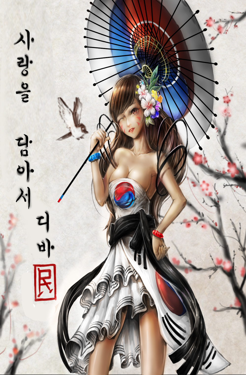 931015min alternate_costume bad_aspect_ratio bare_shoulders bird bracelet breasts brown_eyes brown_hair cherry_blossoms cleavage collarbone cowboy_shot d.va_(overwatch) dress facepaint facial_mark flag_dress flower hair_flower hair_ornament hand_on_hip head_tilt highres holding holding_umbrella jewelry long_hair looking_at_viewer medium_breasts nose one_eye_closed overwatch parasol parted_lips petals red_lips sleeveless sleeveless_dress smile solo south_korean_flag translated tree_branch umbrella whisker_markings white_dress
