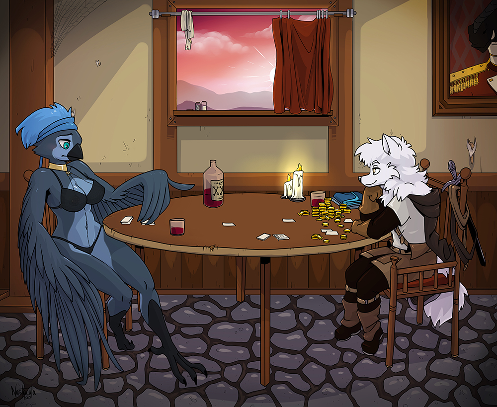 alcohol avian beak beverage big_breasts bird blue_eyes bottle bra breasts candle canine card chair clothed clothing coin curtains digital_media_(artwork) dog duo feathers female fire fur furniture gold_(metal) gold_coin hair inside larger_female male mammal melee_weapon mountain nastacula outside panties playing_card sitting size_difference sky smaller_male smile strip_poker sunset sword table talons underwear weapon window wings