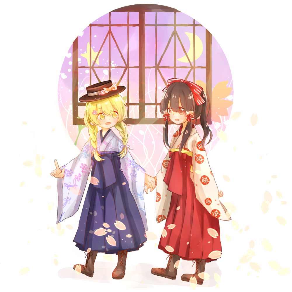 :d alternate_costume alternate_hairstyle bangs blonde_hair blue_hakama blush boots bow braid brown_eyes brown_footwear brown_hair commentary crescent_moon cross-laced_footwear d: flower hair_bow hair_flower hair_ornament hakama hakurei_reimu hat hat_flower holding_hands index_finger_raised japanese_clothes kimono kirisame_marisa kosencha lace-up_boots long_hair looking_at_another meiji_schoolgirl_uniform moon multiple_girls open_mouth petals pointing red_hakama smile star touhou tri_tails twin_braids window yellow_eyes