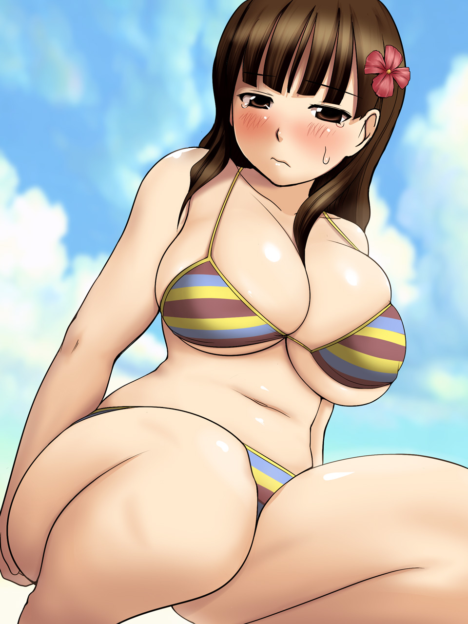 bangs bare_arms bare_legs bare_shoulders bikini blue_sky blunt_bangs blush breasts brown_eyes brown_hair closed_mouth cloud collarbone commentary_request day diisuke flower hair_flower hair_ornament highres large_breasts long_hair looking_at_viewer morishita_koma multicolored multicolored_bikini multicolored_clothes multicolored_stripes navel plump sket_dance skindentation sky solo squatting stomach striped striped_bikini sweat swimsuit tearing_up thighs underboob