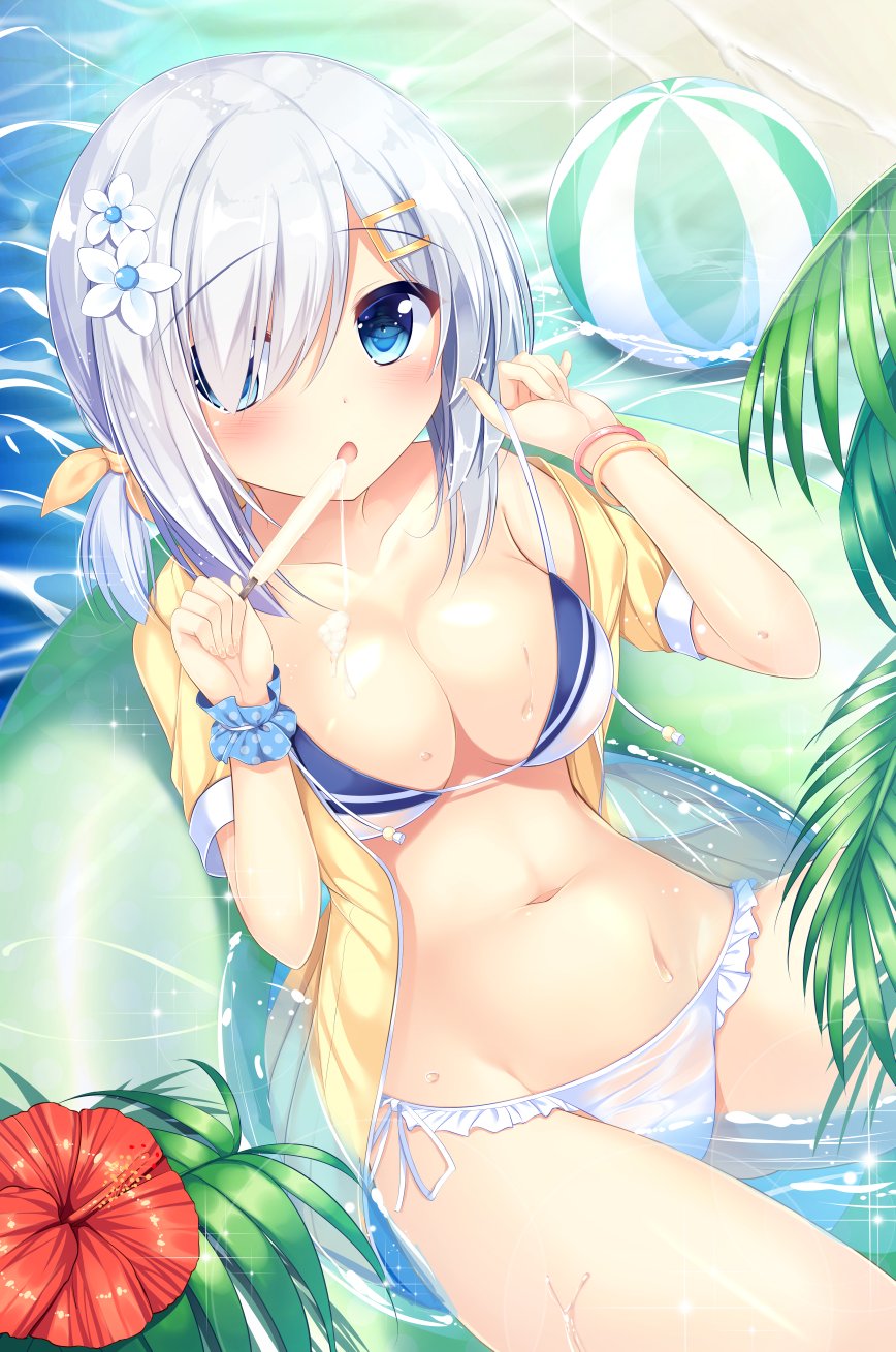 alternate_costume alternate_hairstyle beach bikini blue_eyes blush bracelet breasts flower food frilled_bikini frills hair_flower hair_ornament hair_over_one_eye hairclip hamakaze_(kantai_collection) hibiscus highres inflatable_toy jacket jewelry kantai_collection large_breasts leaf looking_at_viewer looking_up navel palm_tree partially_submerged popsicle see-through short_hair silver_hair sitting solo strap_pull striped striped_bikini swimsuit tied_hair tomoo_(tomo) tree water white_bikini_bottom yellow_jacket