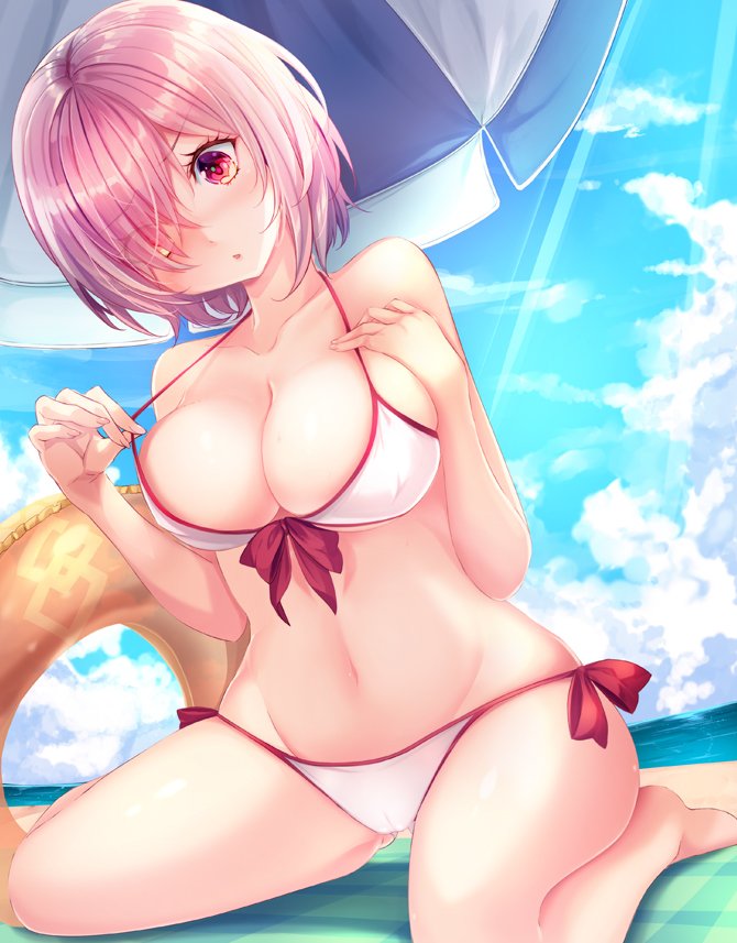 adapted_costume alternate_costume ass_visible_through_thighs beach beach_towel beach_umbrella bikini blush breasts cleavage collarbone day eyebrows_visible_through_hair fate/grand_order fate_(series) front-tie_top hair_over_one_eye haruka_natsuki inflatable_toy innertube kneeling large_breasts looking_at_viewer mash_kyrielight navel outdoors parted_lips pink_bikini pink_eyes pink_hair short_hair side-tie_bikini sitting solo strap_pull swimsuit swimsuit_of_perpetual_summer towel umbrella wariza white_bikini