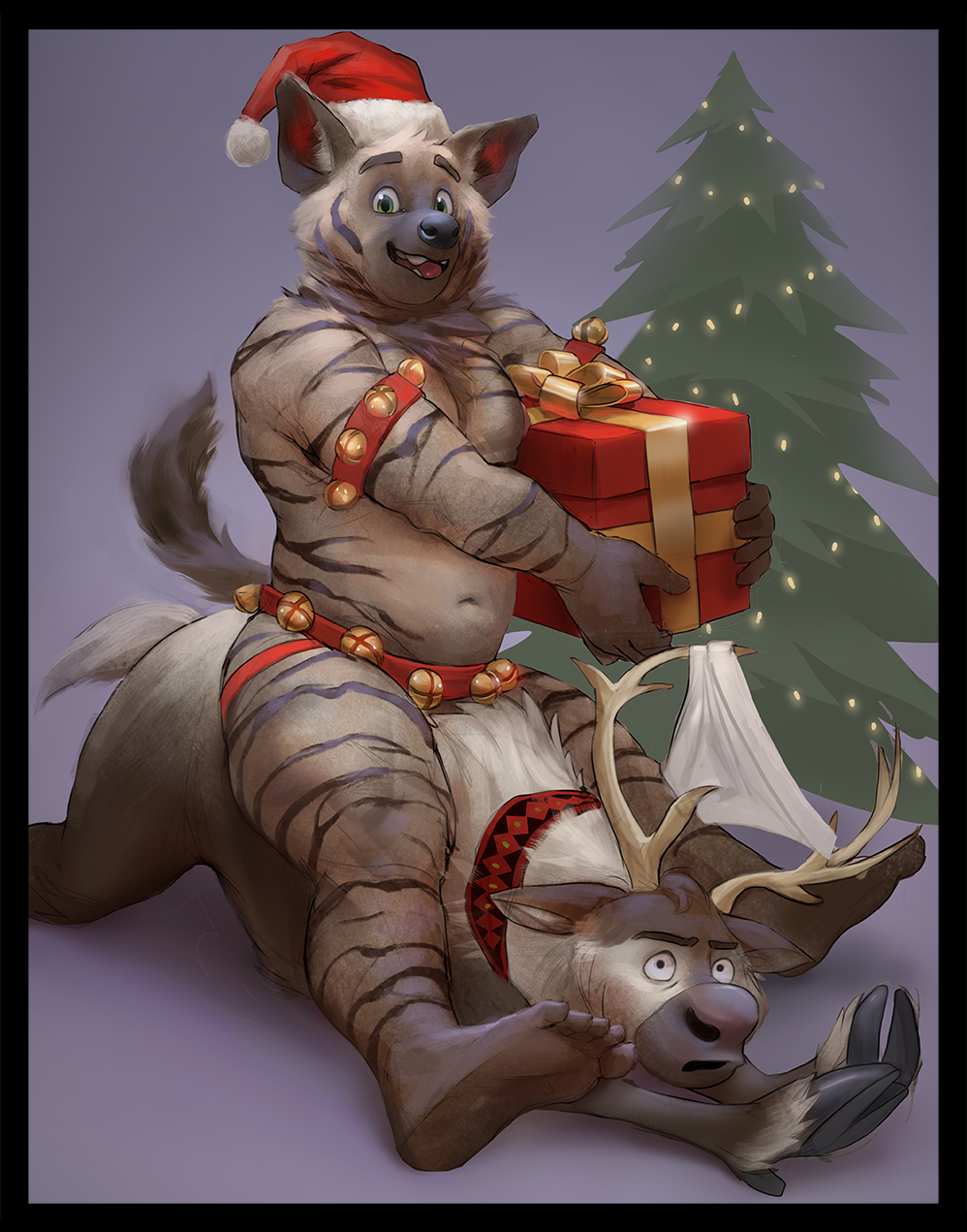 anthro antlers barefoot cervine christmas christmas_tree clothed clothing duo feral gift hi_res holidays hooves horn hyena jockstrap looking_at_viewer male mammal musclegut navel quadruped reindeer smile straddling striped_hyena stripy_yeen tacklebox topless tree underwear