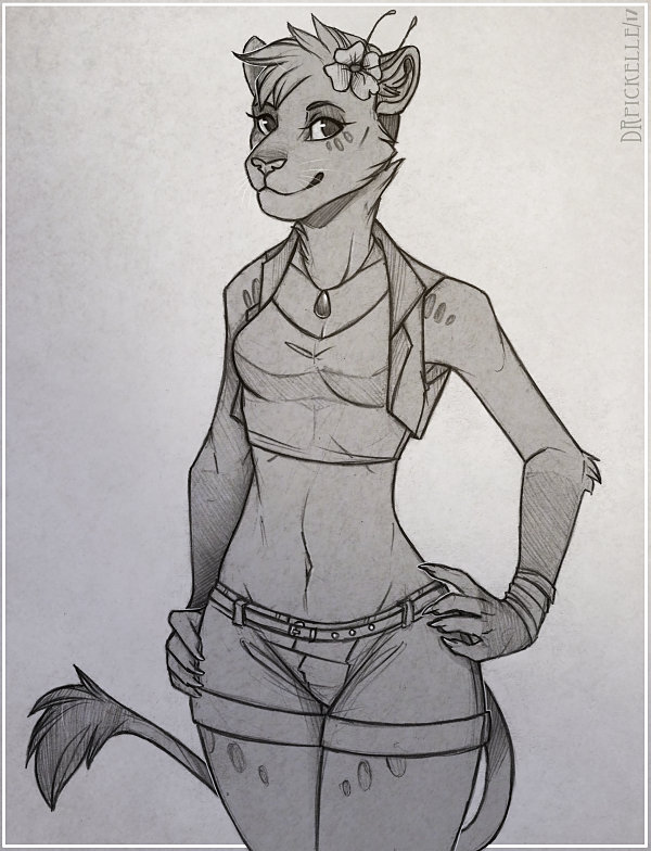 bahati_whiteclaw clothing crop_top denim_shorts drpickelle feline female flower flower_in_hair fringe gloves_(marking) graphite_sketch jacket jewelry lion mammal markings necklace plant shirt shorts simple_background sketch tail_tuft toned_graphite_sketch tuft