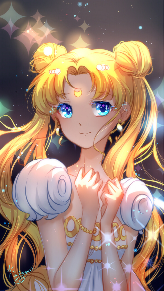 bangs bishoujo_senshi_sailor_moon blonde_hair blue_eyes bracelet closed_mouth crescent double_bun earrings facial_mark forehead_mark hair_ornament hairpin jewelry kaminary long_hair looking_at_viewer parted_bangs princess_serenity signature smile solo tsukino_usagi twintails upper_body