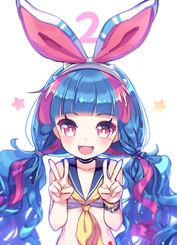 bad_id bad_pixiv_id blue_hair blush character_request double_v eyebrows_visible_through_hair hairband long_hair looking_at_viewer maplestory maplestory_2 mechuragi mint_(maplestory2) mole mole_under_eye multicolored_hair neckerchief open_mouth pink_eyes pink_hair smile twintails upper_body v yellow_neckwear