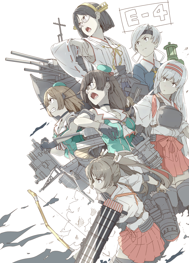 bare_shoulders beret black_hair black_jacket brown_hair chitose_(kantai_collection) choukai_(kantai_collection) detached_sleeves flight_deck glasses grey_hair hairband hakama_skirt hat headband headgear jacket japanese_clothes kantai_collection kirishima_(kantai_collection) long_hair machinery maya_(kantai_collection) military military_uniform multiple_girls muneate ninimo_nimo nontraditional_miko open_mouth pleated_skirt red_skirt remodel_(kantai_collection) ribbon-trimmed_sleeves ribbon_trim rigging rimless_eyewear serious short_hair shoukaku_(kantai_collection) skirt sleeveless tasuki turret twintails uniform white-framed_eyewear white_hair white_skirt wide_sleeves yumi_(bow) zuikaku_(kantai_collection)