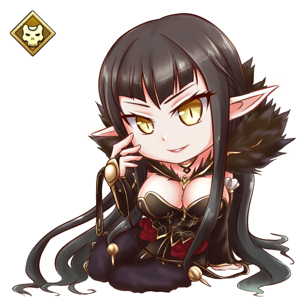1girl assassin_of_red black_hair breasts brown_eyes chibi choker cleavage detached_sleeves dress fate/apocrypha fate/grand_order fate_(series) frills fur open_mouth pointy_ears very_long_hair