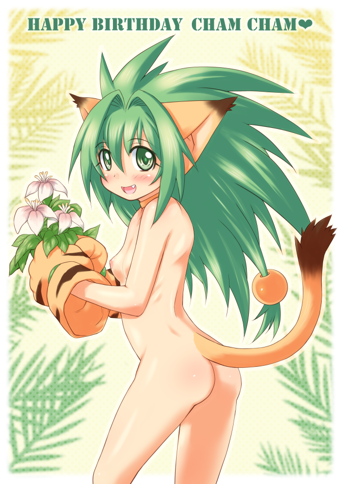 2017 animal_humanoid blush breasts brown_fur butt cat_humanoid chamcham clothing english_text feline female flower fur gloves green_eyes green_hair hair humanoid kure looking_at_viewer mammal mostly_nude nipples open_mouth plant samurai_shodown solo standing text video_games young