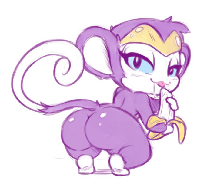 banana big_butt blue_sclera blush butt female food fruit looking_at_viewer looking_back mammal monkey primate shantae shantae_(series) solo suggestive thick_thighs unknown_artist