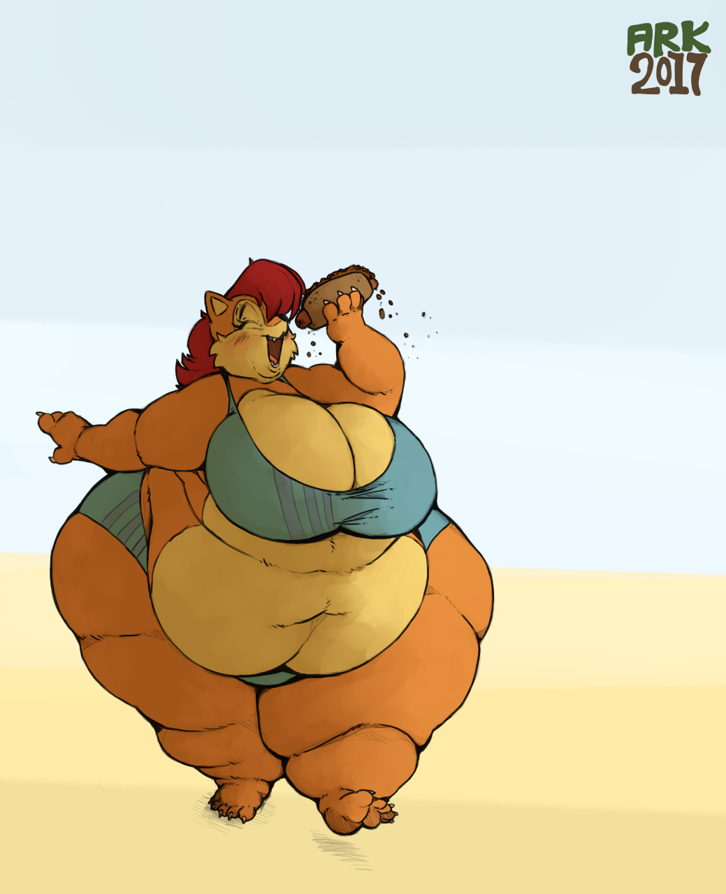 arkveveen belly big_(disambiguation) big_belly big_breasts big_thighs bra breasts chilli_dog chipmunk clothing eating flabby_arms huge_breasts hyper hyper_belly mammal obese overweight panties rodent sally_acorn slightly_chubby sonic_(series) ssbbw underwear wide_hips