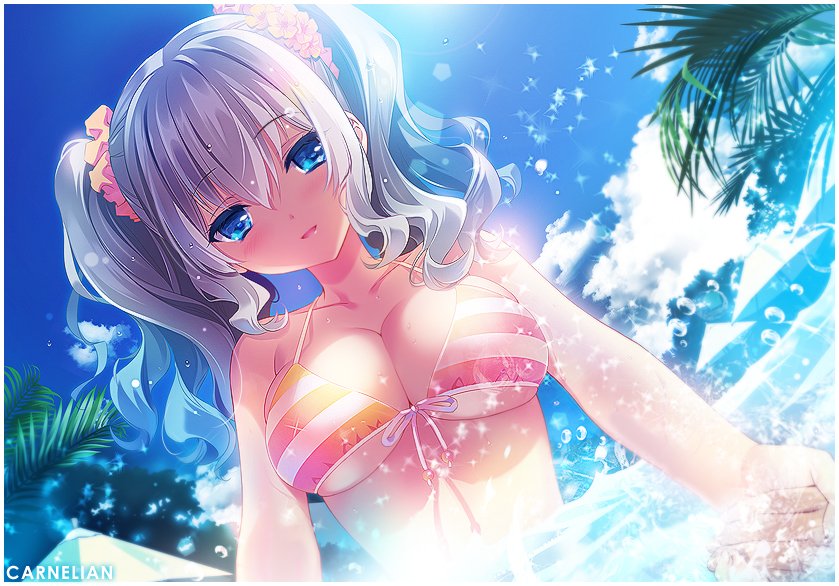 artist_name beach beach_umbrella bikini blue_eyes blush breasts carnelian cloud collarbone day dutch_angle hair_between_eyes kantai_collection kashima_(kantai_collection) large_breasts long_hair looking_at_viewer orange_bikini palm_tree parted_lips scrunchie silver_hair solo sparkle striped striped_bikini sunlight swimsuit tree twintails umbrella upper_body wading wavy_hair