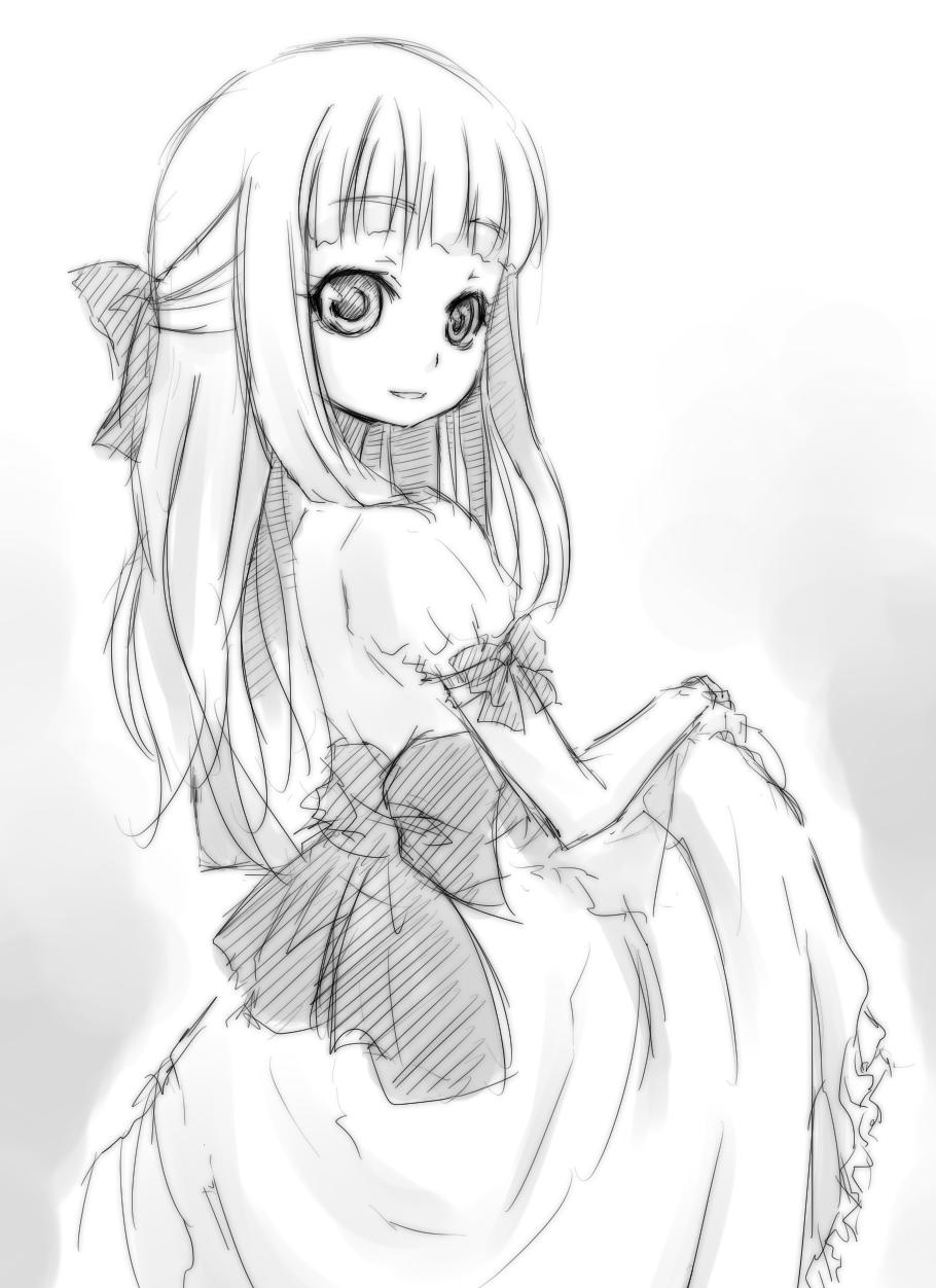1girl ahashi dress_lift from_side long_hair looking_at_viewer looking_backdress monochrome smile upper_body