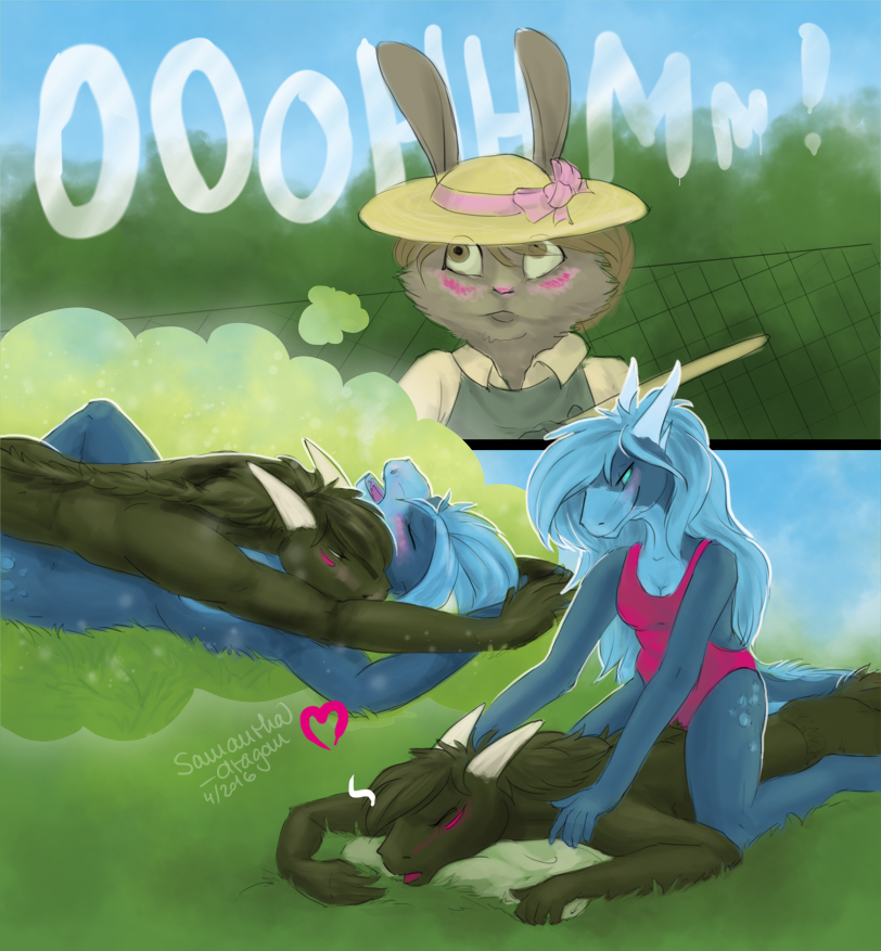 &lt;3 2016 anthro black_body blue_body blue_hair blue_skin blush caring clothed clothing comic digital_media_(artwork) dragon dreit duo eyes_closed female fence fully_clothed garden grass green_eyes hair half-closed_eyes happy hat horn imagination lagomorph long_hair looking_pleasured lying male male/female mammal massage missionary_position moan multicolored_skin naughty_face nude on_back on_top one-piece_swimsuit open_mouth outside public rabbit samantha-dragon samantha_(samantha-dragon) sex shocked shy sitting smile smirk smug surprise swimsuit text thought_bubble two_tone_skin