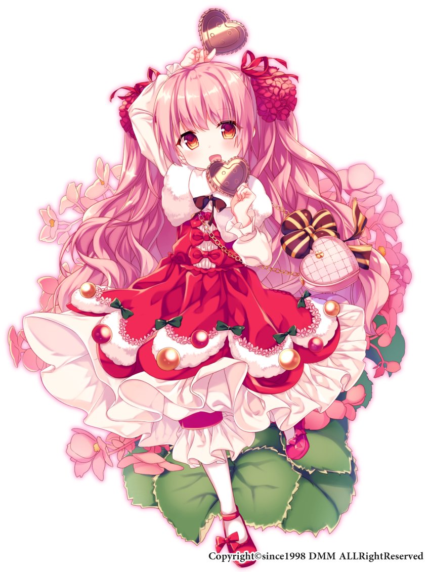 :d blush bow capelet christmas_begonia_(flower_knight_girl) commentary_request dmm dress flower flower_knight_girl full_body hair_ribbon heart long_hair long_sleeves mary_janes morinaga_kobato official_art open_mouth pink_hair red_dress red_eyes red_footwear ribbon shoe_bow shoes simple_background smile solo standing standing_on_one_leg white_background