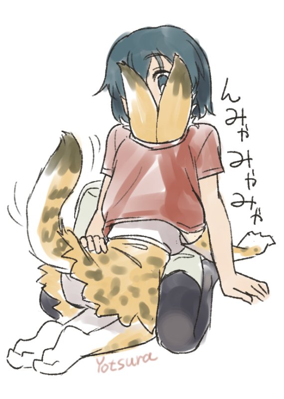 animal_ears artist_name black_legwear blue_eyes blue_hair commentary elbow_gloves gloves hand_on_another's_ass head_up_shirt kaban_(kemono_friends) kemono_friends multiple_girls print_gloves print_legwear print_skirt red_shirt serval_(kemono_friends) serval_ears serval_print serval_tail shirt simple_background sitting sketch skirt tail tail_wagging thighhighs translated white_background yotsura yuri