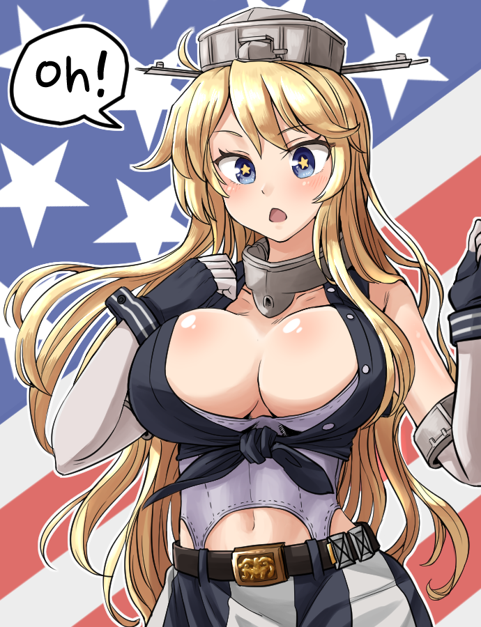 american_flag belt blonde_hair blue_eyes breasts buckle cleavage cowboy_shot elbow_gloves fingerless_gloves flag_background front-tie_top gloves hair_between_eyes headgear iowa_(kantai_collection) kantai_collection large_breasts long_hair miniskirt open_mouth skirt solo star star-shaped_pupils symbol-shaped_pupils thighhighs triangle_mouth yong-gok