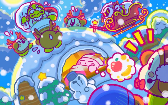 beard blush_stickers chilly_(kirby) christmas christmas_tree commentary_request facial_hair fake_antlers headset king_dedede kirby kirby_(series) meta_knight microphone moon night official_art reindeer_costume sack sleeping sleigh snow snowing stuck waddle_dee