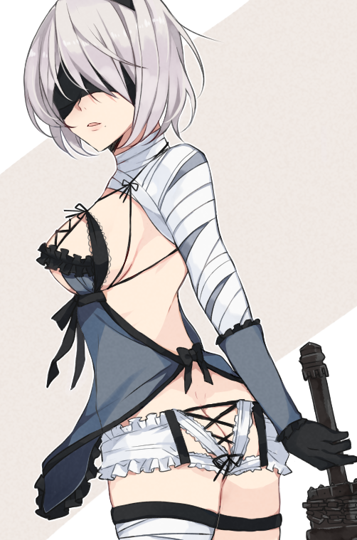 ass asymmetrical_clothes bandaged_arm bandaged_leg bandaged_neck bandages bangs black_gloves black_hairband black_ribbon blindfold blue_dress braid breasts chain cosplay covered_eyes cowboy_shot cross-laced_panties dress facing_viewer flat_ass frills from_behind gloves hairband holding holding_sword holding_weapon kaine_(nier) kaine_(nier)_(cosplay) kurosawa_kazuto legs_together lingerie medium_breasts mole mole_under_mouth negligee nier nier_(series) nier_automata panties parted_lips ribbon short_hair silver_hair solo standing sword thigh_strap underwear vambraces weapon white_legwear white_panties yellow_eyes yorha_no._2_type_b