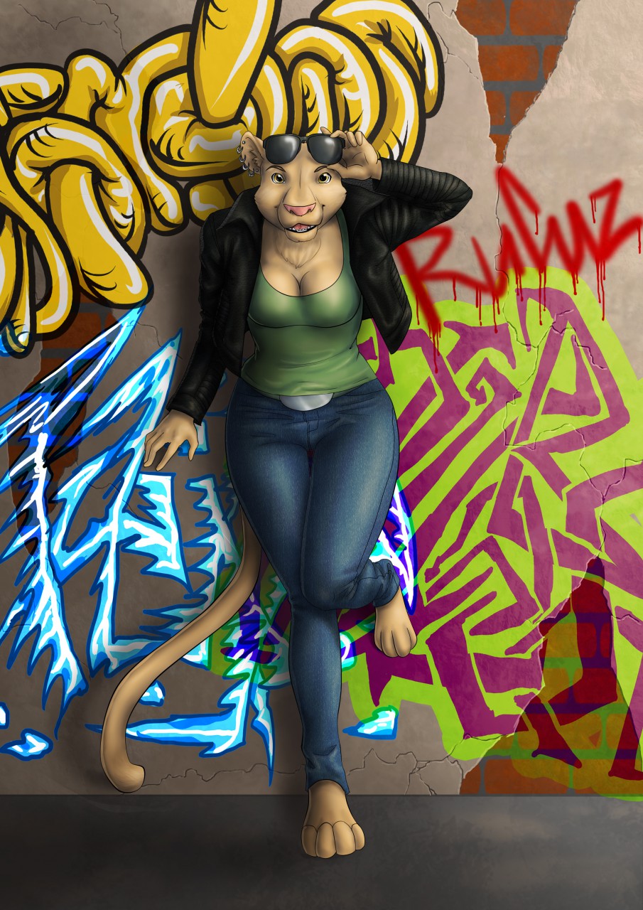 2017 4_toes 5_fingers against_wall anthro barefoot biped black_clothing black_topwear blue_bottomwear blue_clothing blue_pants breasts cleavage clothed clothing digital_media_(artwork) ear_piercing eyebrows eyewear eyewear_on_head feline female front_view full-length_portrait fully_clothed fur graffiti green_clothing green_eyes green_shirt green_topwear hi_res humanoid_hands jacket jeans jua_(coypowers) lion looking_at_viewer mammal open_jacket open_mouth pants piercing pink_nose pink_tongue portrait rufciu shirt smile solo sunglasses sunglasses_on_head tan_fur tan_tail toes tongue