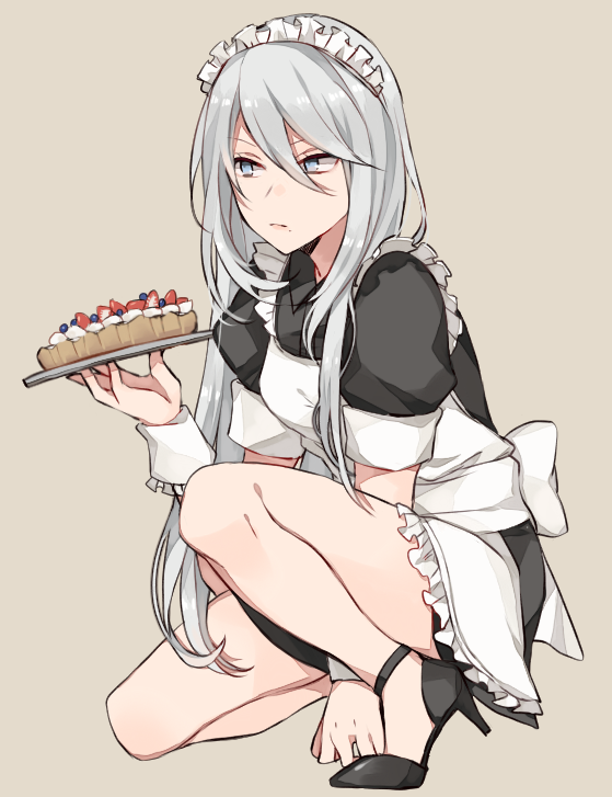 alternate_costume anklet apron bangs black_dress black_footwear blue_eyes brown_background closed_mouth collared_dress dress enmaided eyebrows_visible_through_hair food frills fruit full_body hair_between_eyes hand_up high_heels holding holding_tray jewelry kurosawa_kazuto legs long_hair looking_away maid maid_apron maid_headdress mole mole_under_mouth nier_(series) nier_automata pink_lips puffy_short_sleeves puffy_sleeves shoes short_dress short_sleeves silver_hair simple_background solo squatting strawberry tart_(food) tray waist_apron wrist_cuffs yorha_type_a_no._2