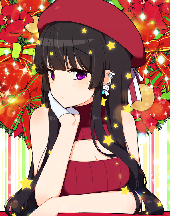 1girl bangs bare_arms bare_shoulders bauble black_hair blunt_bangs blush breasts christmas cleavage cleavage_cutout closed_mouth commentary_request ear_piercing earrings eyebrows_visible_through_hair glint gloves hand_up hat hat_ribbon head_tilt jewelry light_particles long_hair original piercing purple_eyes red_hat red_ribbon ribbon sidelocks small_breasts solo star star_earrings striped striped_ribbon sweater_vest tp_(kido_94) upper_body white_gloves