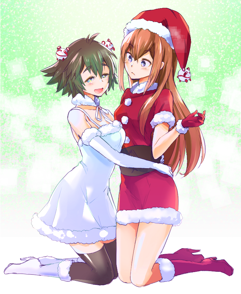 2girls ahoge arm_warmers black_hair black_legwear blue_eyes blush boots breasts brown_hair corset dress eyebrows_visible_through_hair fur-trimmed_dress fur_collar fur_trim gloves hat high_heel_boots high_heels hug long_hair looking_at_another looking_at_viewer makise_kurisu medium_breasts mori_yayura multiple_girls open_mouth pom_pom_(clothes) red_footwear red_gloves santa_costume santa_hat shiina_mayuri short_hair short_sleeves sleeveless small_breasts smile spiked_hair steins;gate straight_hair thick_eyebrows thighhighs upa_(steins;gate) white_dress white_footwear white_gloves