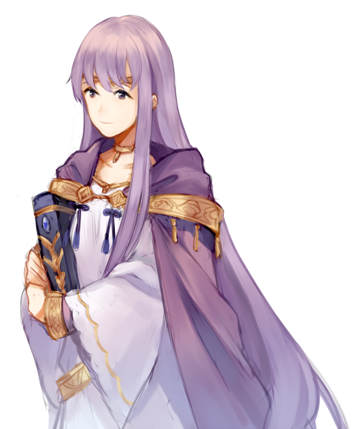 banned_artist book dress fire_emblem fire_emblem:_seisen_no_keifu fire_emblem:_thracia_776 holding holding_book jewelry llicornia long_hair long_sleeves necklace purple_eyes purple_hair simple_background smile solo very_long_hair white_background white_hair wide_sleeves yuria_(fire_emblem)