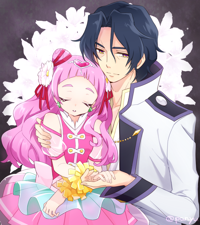 1boy 1girl bare_shoulders black_hair coat commentary_request cure_yell earrings eyes_closed floral_background flower george_kurai hair_between_eyes hair_flower hair_ornament hair_ribbon hand_holding heart heart_hair_ornament hugtto!_precure jewelry leaning_on_person lily_(flower) lipstick long_hair long_sleeves magical_girl makeup nono_hana pink_hair pink_skirt pom_poms precure ribbon see-through_sleeves shaded_face sitting sitting_on_lap sitting_on_person skirt sleeping sleeping_on_person twitter_username white_flower yellow_eyes yui_(kanatamoo)