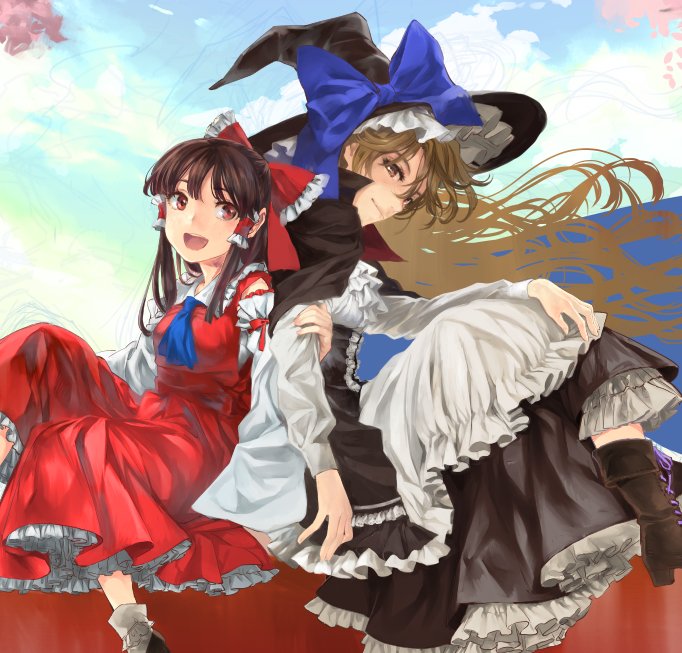 age_difference arm_grab back-to-back black_hair blonde_hair boots brown_hair cape commentary_request curiosities_of_lotus_asia detached_sleeves dress hair_ribbon hair_tubes hakurei_reimu hat height_difference kayako_(tdxxxk) kirisame_marisa long_hair looking_at_viewer multiple_girls neckerchief open_mouth red_eyes ribbon skirt smile touhou wide_sleeves witch_hat yellow_eyes