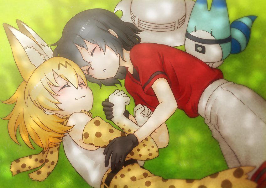 :3 animal_ears black_hair blonde_hair closed_eyes elbow_gloves gloves hat holding_hands inukoro_(spa) kaban_(kemono_friends) kemono_friends lucky_beast_(kemono_friends) lying multiple_girls on_side pantyhose serval_(kemono_friends) serval_ears serval_print short_hair sleeping smile