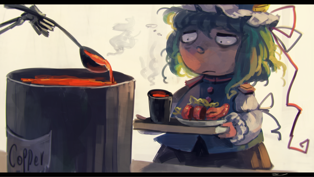 commentary copper cup food green_hair hat koto_inari molten_metal shiki_eiki short_hair skeleton solo_focus soup teacup tongue touhou tray